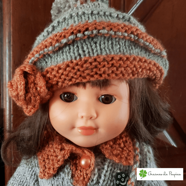 Ensemble pull, bonnet et petit sac pour poupée de 38 à 42 cm